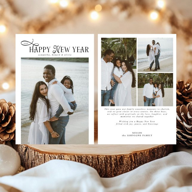 Happy New Year Modern Chic Family 4 Photos Collage Holiday Card (Creator Uploaded)