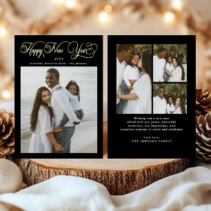Happy New Year Modern Family 4 Photo Collage Foil Holiday Card