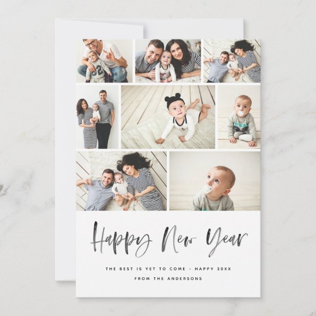 Happy New Year  Modern Family Photo Collage Review Holiday Card (Front)