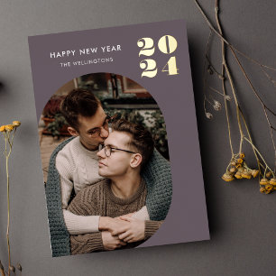 Happy New Year Modern Frame Purple Gold Foil Holiday Card