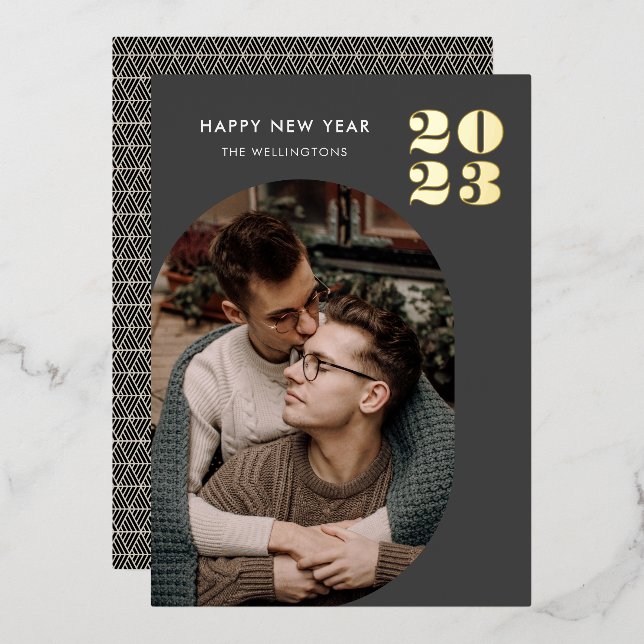 Happy New Year Modern Grey Black Photo Gold Foil Holiday Card (Front/Back)