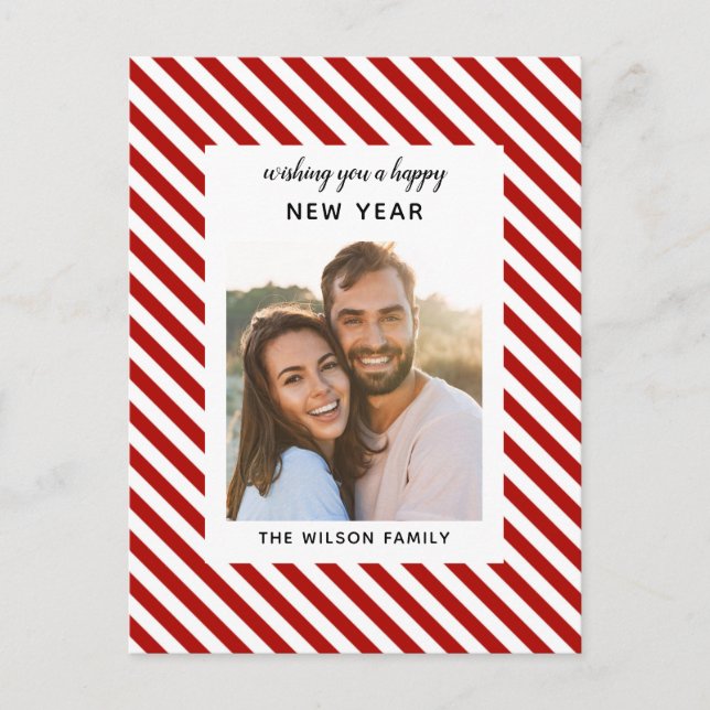 happy new year, modern red white stripe photo postcard (Front)