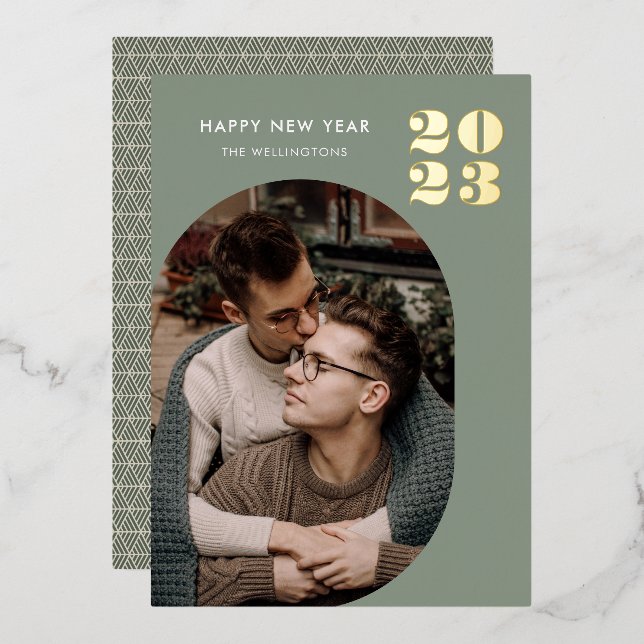 Happy New Year Modern Round Frame Gold Foil Holiday Card (Front/Back)