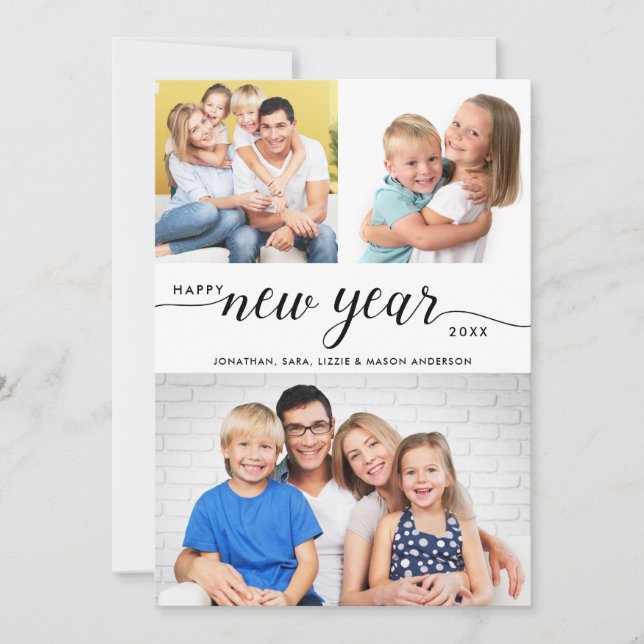 Happy New Year Modern Script 3 Photo Collage Holiday Card (Front)