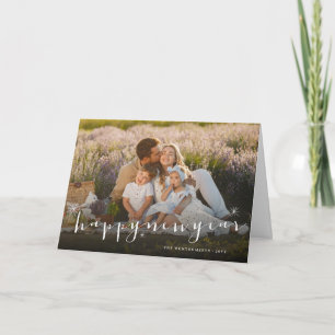 Happy New Year Modern Script Gold Starburst Photo Holiday Card