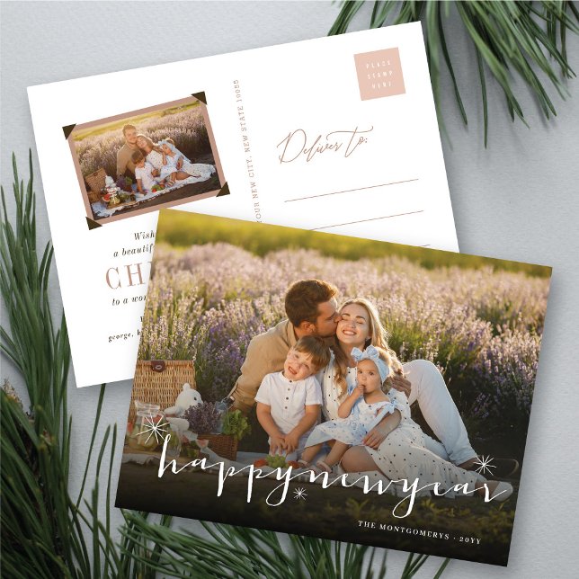 Happy New Year Modern Script Gold Starburst Photo Holiday Postcard (Happy New Year Modern Script Gold Starburst Photo Holiday Postcard @ fat_fa_tin)