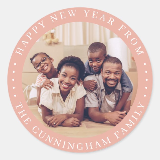 Happy New Year Modern Simple Chic Family Photo Classic Round Sticker (Front)
