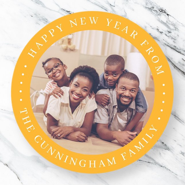 Happy New Year Modern Simple Chic Family Photo Classic Round Sticker (Creator Uploaded)