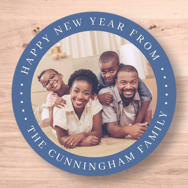 Happy New Year Modern Simple Chic Family Photo Classic Round Sticker (Creator Uploaded)