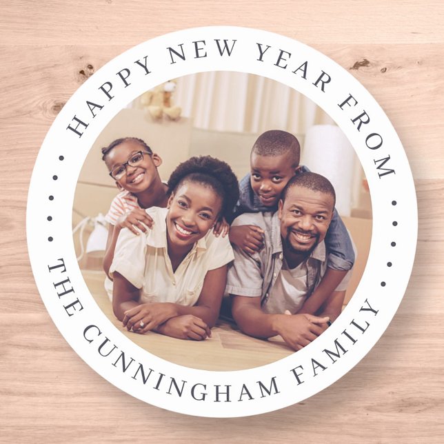 Happy New Year Modern Simple Chic Family Photo Classic Round Sticker (Creator Uploaded)