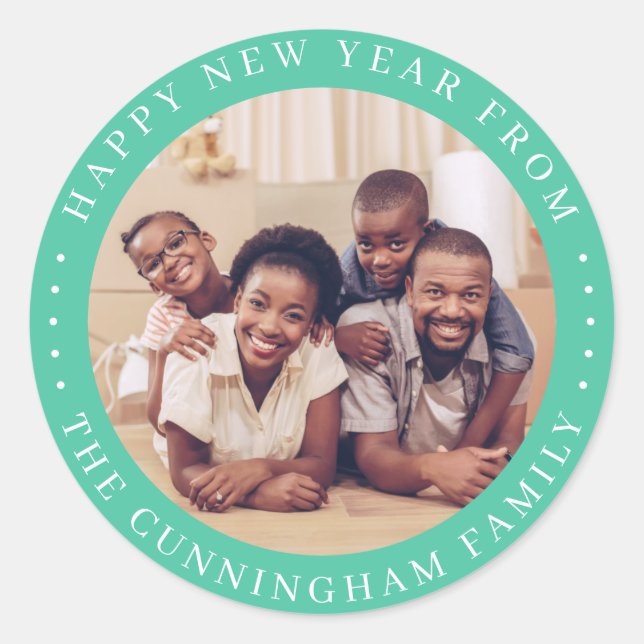 Happy New Year Modern Simple Chic Family Photo Classic Round Sticker (Front)