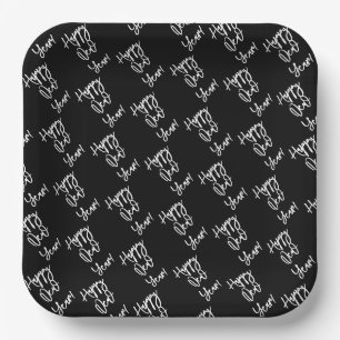 Happy New Year! Modern Text Pattern Black White Paper Plate