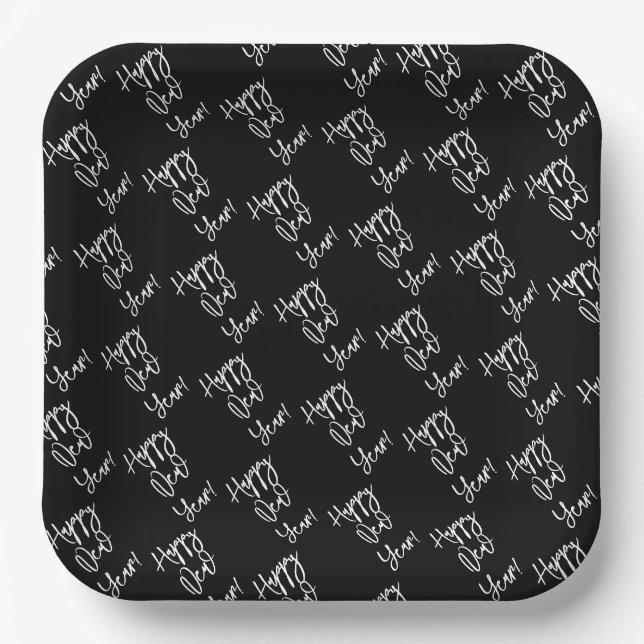 Happy New Year! Modern Text Pattern Black White Paper Plate (Front)