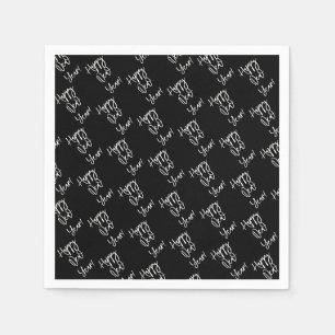 Happy New Year! Modern Typography Black White Napkin