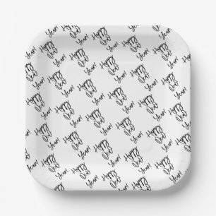 Happy New Year! Modern Typography Black White Paper Plate
