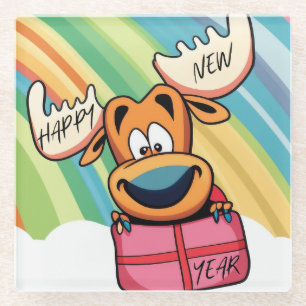 Happy New Year Moose - Festive Celebration Design Glass Coaster