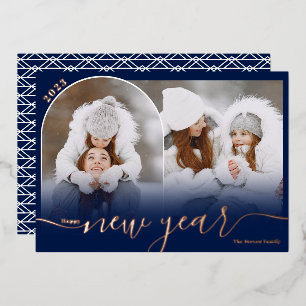 Happy New Year navy 2 photo arch overlay collage Foil Holiday Card