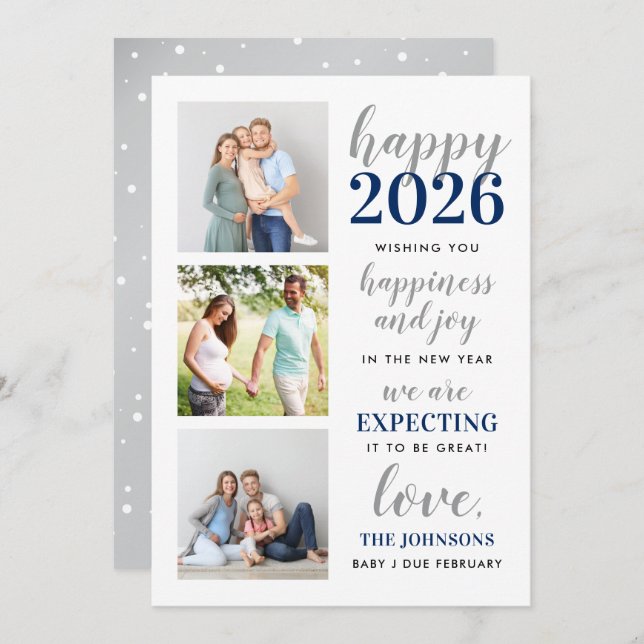 Happy New Year Navy and Silver Expecting in 2024 Holiday Card (Front/Back)