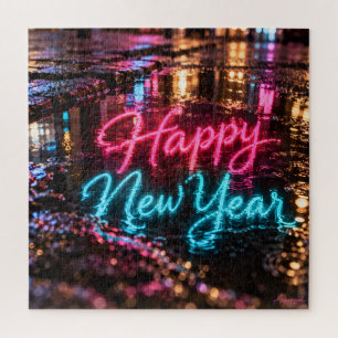 Happy New Year Neon Puddle Reflection Jigsaw Puzzle