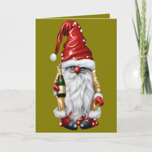 Happy New Year Nisse Gnome Gonk Holding A Bottle  Holiday Card