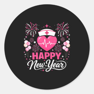 Happy New Year Nurse Crew Heartbeat Medical Celebr Classic Round Sticker