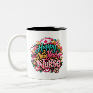 Happy New Year Nurse Pink Glitter Festive Nursing Two-Tone Coffee Mug