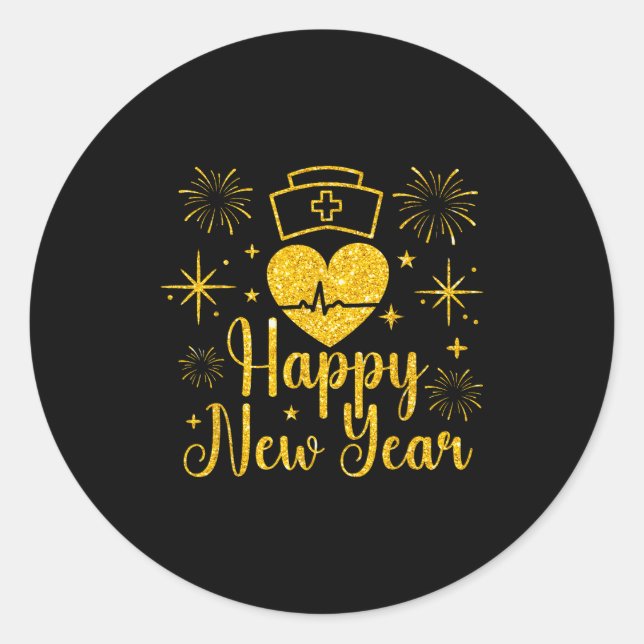 Happy New Year Nurses Heartbeat Fireworks New Year Classic Round Sticker (Front)