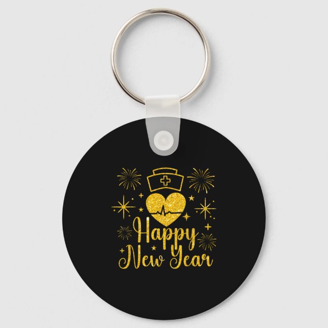 Happy New Year Nurses Heartbeat Fireworks New Year Key Ring (Front)