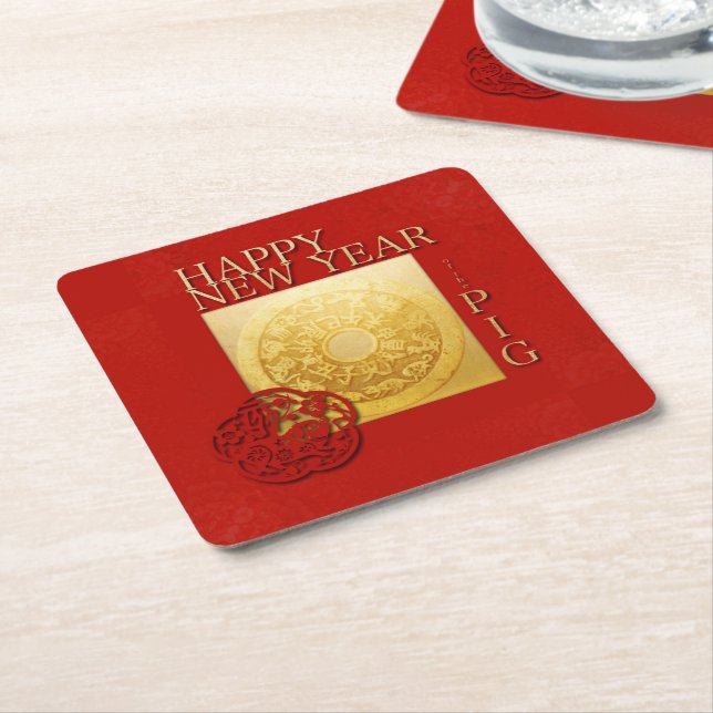 Happy New Year of the Pig Papercut Coin Paper C Square Paper Coaster (Angled)