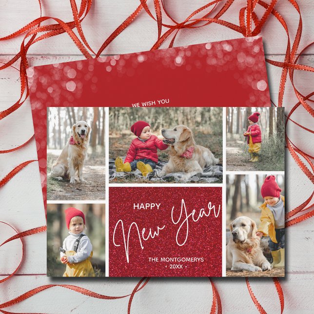 Happy New Year on Red Multi Photo Holiday Card (Happy New Year on Red Multi Photo Holiday Cards)