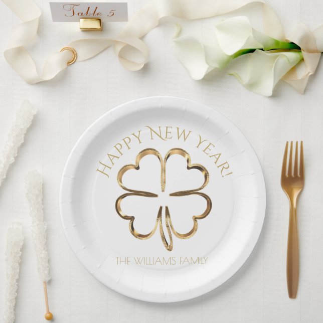 Happy New Year or Your Text Four Leaf Clover Paper Plate (Wedding)