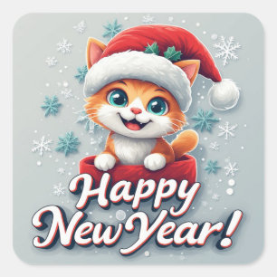 Happy New Year Orange Kitten With Santa Hat Square Sticker