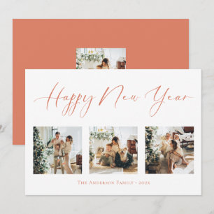 Happy New Year Orange Multi Photo Collage Holiday Card