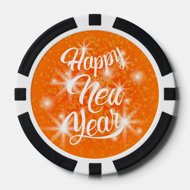 Happy New Year Orange Watercolor Splatter Poker Chips (Front)