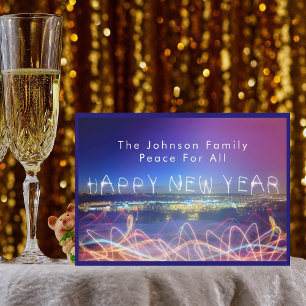 Happy New Year Over City Lights & Confetti Card