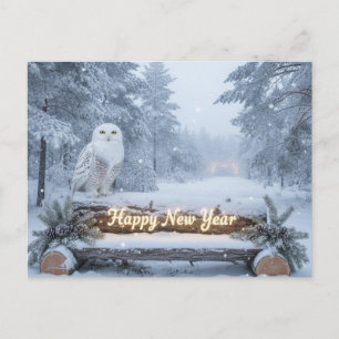 Happy New Year Owl and Winter Forest Holiday Postcard