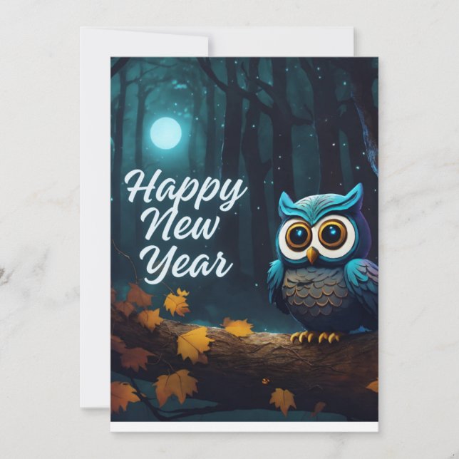 Happy New Year Owls Perched on Branch Cartoon Holiday Card (Front)