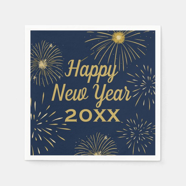 Happy New Year Party 2025 Fireworks Navy Blue Gold Napkin (Front)