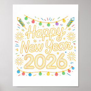 Happy New Year Party 2026 Retro Firework Christmas Poster