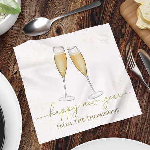 Happy New Year Party Champagne Watercolor Gold Napkin