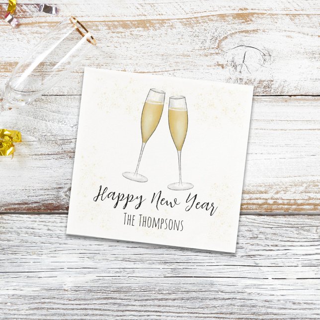 Happy New Year Party Champagne Watercolor Gold Napkin (Creator Uploaded)