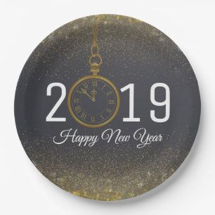 Happy New Year Party confetti Clock Paper Plate