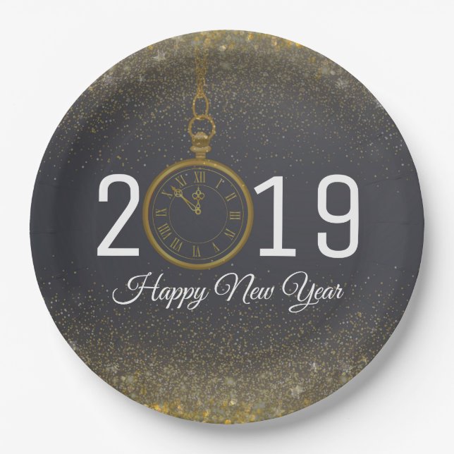 Happy New Year Party confetti Clock Paper Plate (Front)