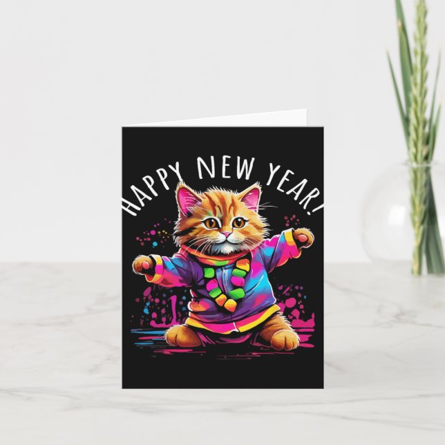 Happy New Year Party Dancing Cat Design  Card (Front)