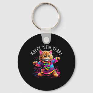 Happy New Year Party Dancing Cat Design Key Ring