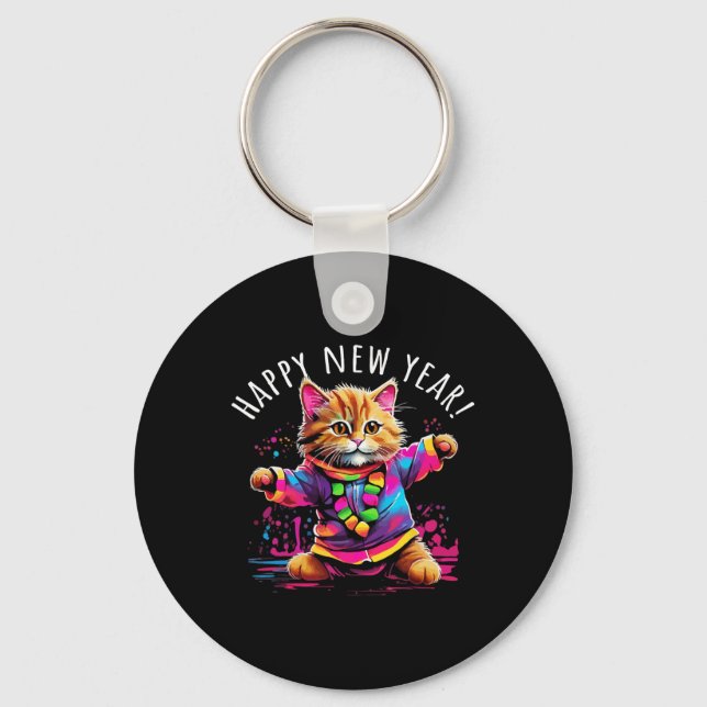 Happy New Year Party Dancing Cat Design  Key Ring (Front)