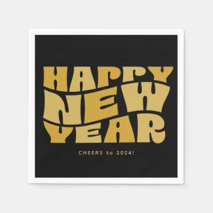 Happy New Year party fun trendy retro black gold Napkin