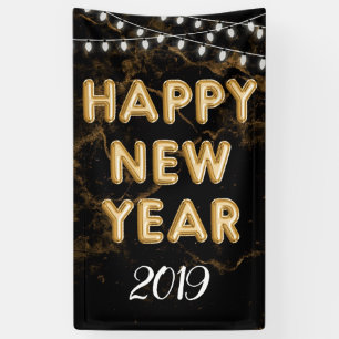 Happy New Year Party Gold Black Balloon Lights Banner