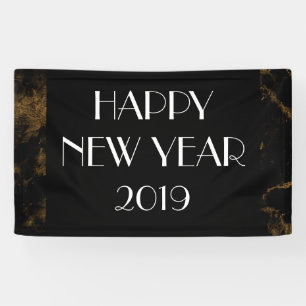 Happy New Year Party Gold Black Marble Banner