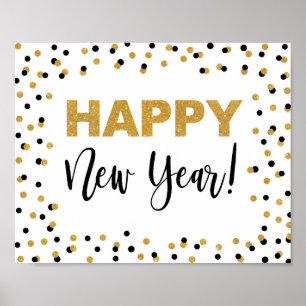 Happy New Year Party Sign Black & Gold Confetti